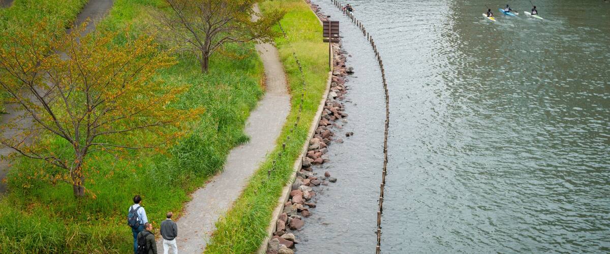 Ojima Komatsugawa Park which includes a park and a river or creek as well as a small group of people