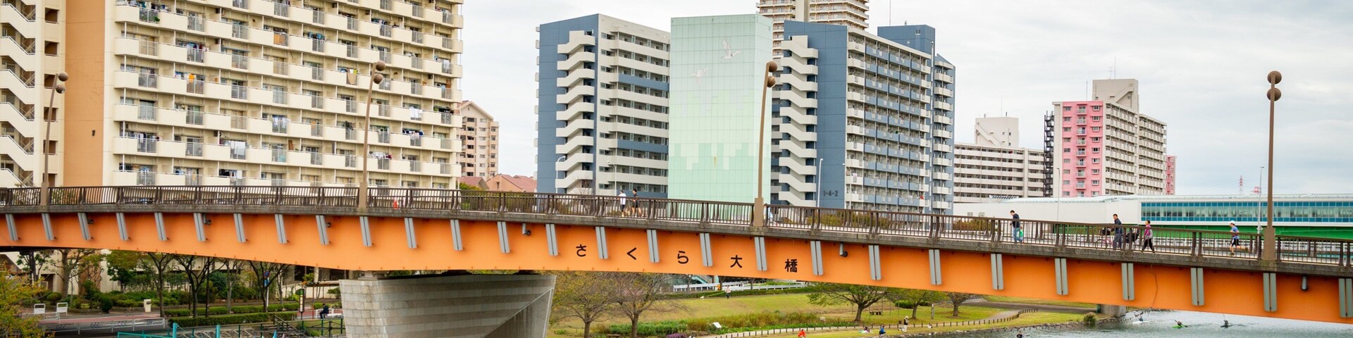 Ojima Komatsugawa Park which includes a city, a river or creek and a bridge
