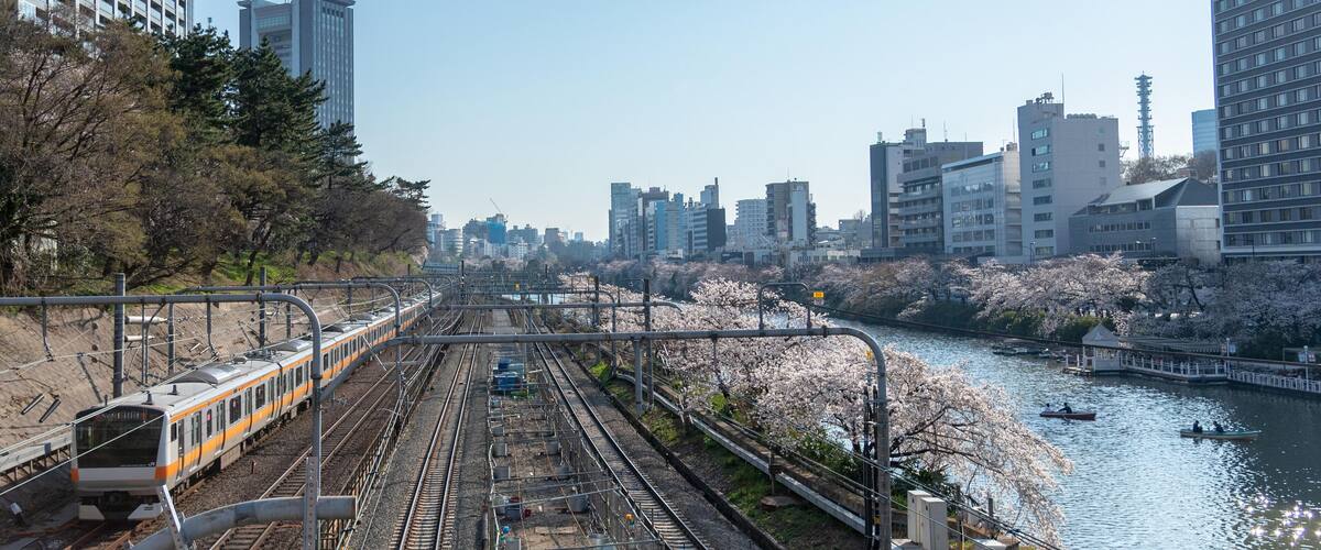 PR4D50 Sotobori Park is famous Cherry blossoms spot that follows along the outer moat of the JR Chuo-Line,Sobu-Line from Iidabashi station to Yotsuya station