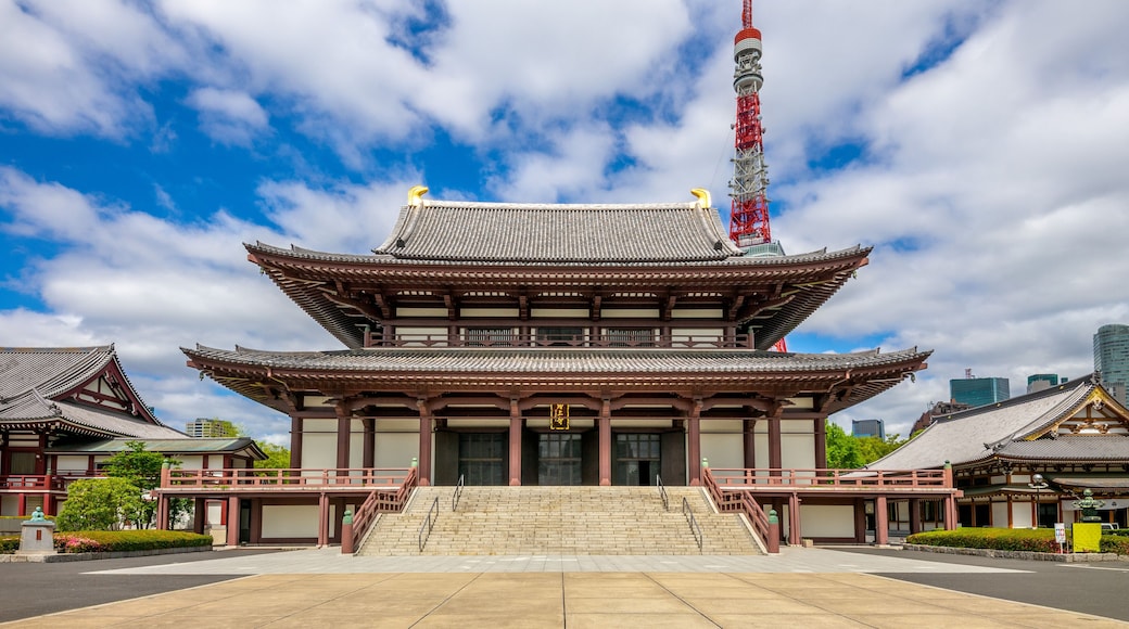 main hall of zojoji and tokyo tower in japan