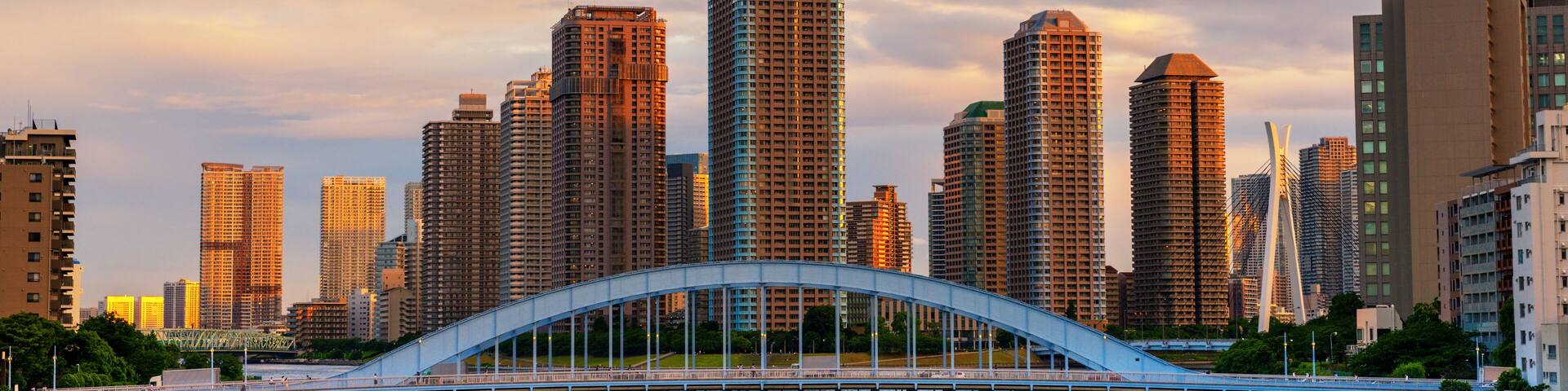 Beautiful scene of Sumida river with famous Eitai bridge and Okawabata Rivercity and modern Tsukishima district Tokyo, Japan, travel background