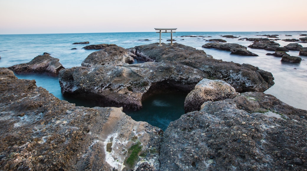 Japanese shrine gate and sea at Oarai city , Ibaraki