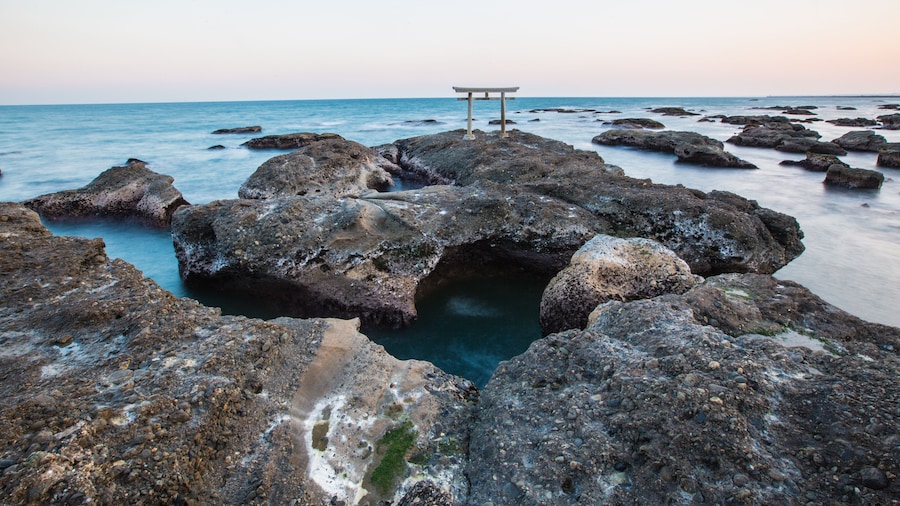 Japanese shrine gate and sea at Oarai city , Ibaraki