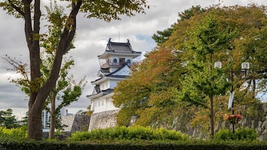 Un château japonais traditionnel, doté de murs en pierre et d’une végétation luxuriante.
