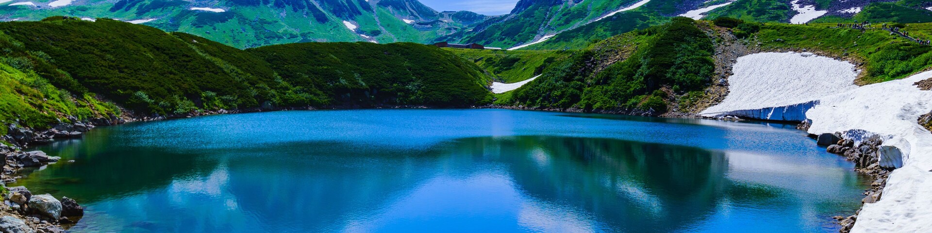 A mountain lake surrounded by snow-capped peaks and lush greenery.