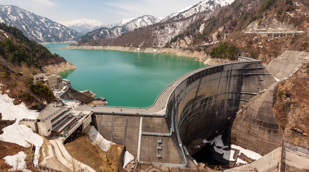 Wide view of Kurobe Dam and reservoir in Toyama, Japan
