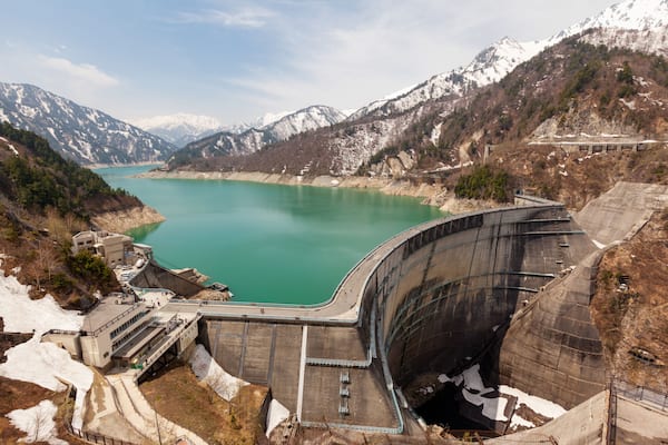 Wide view of Kurobe Dam and reservoir in Toyama, Japan