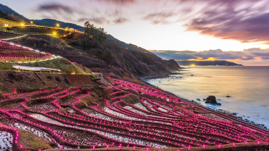 Wajima, Japan at Shiroyone Senmaida rice terraces night light up.