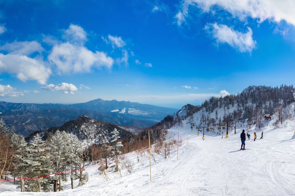 Panoramic view from the top of the ski resort on a sunny day (Kawaba, Gunma, Japan)