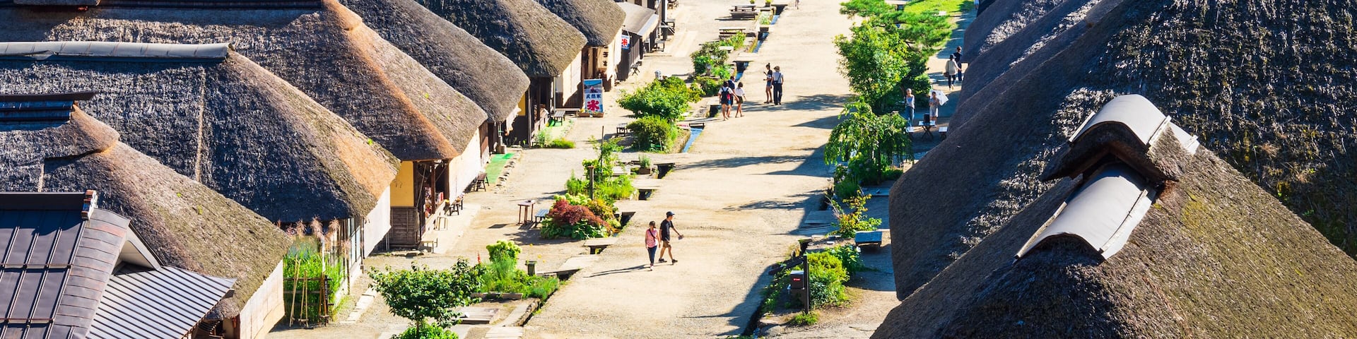 A traditional village with thatched-roof houses and a central pathway.