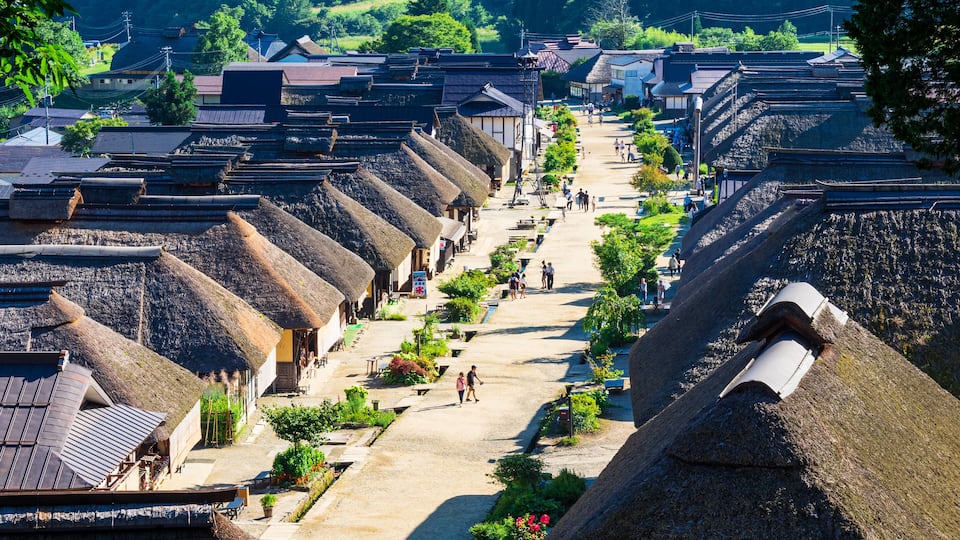 A traditional village with thatched-roof houses and a central pathway.