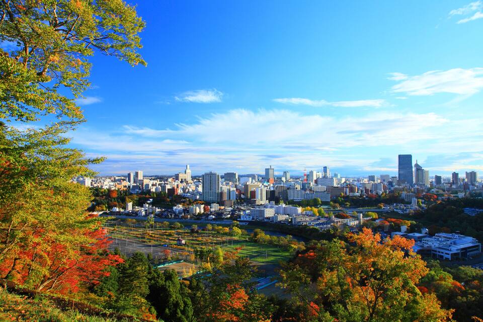 A cityscape with autumn foliage, a river, and a mix of modern and traditional buildings.