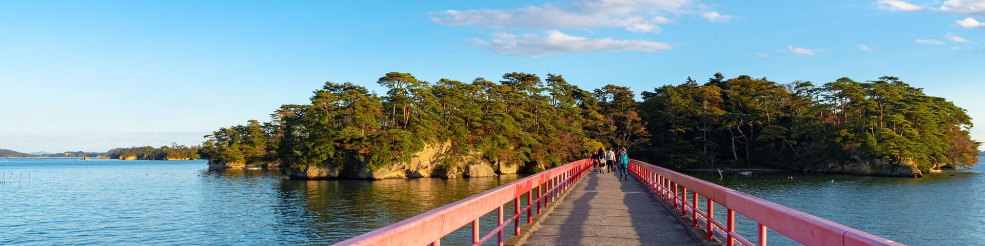 Un puente con barandilla rosa que lleva a una isla boscosa al otro lado del agua.