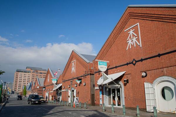 A row of red brick buildings with white signage, a clear blue sky, and a street with pedestrians and cars.