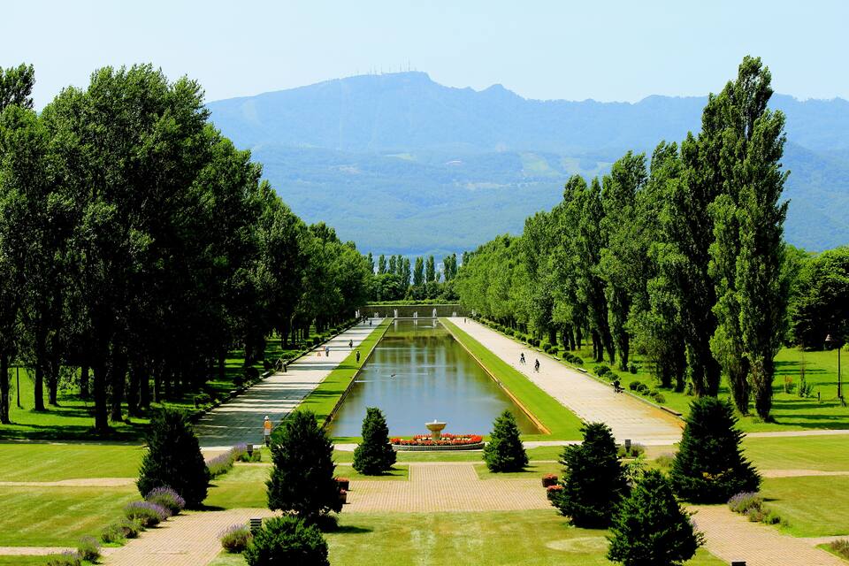 A formal garden with a central water feature, symmetrical pathways, and tall trees.