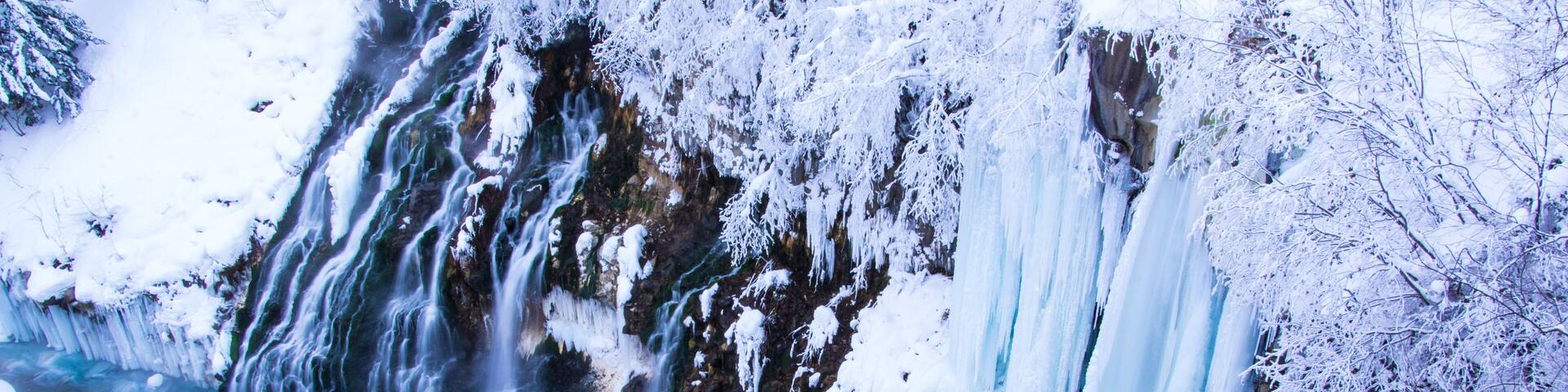 A frozen waterfall with icicles and snow-covered trees.