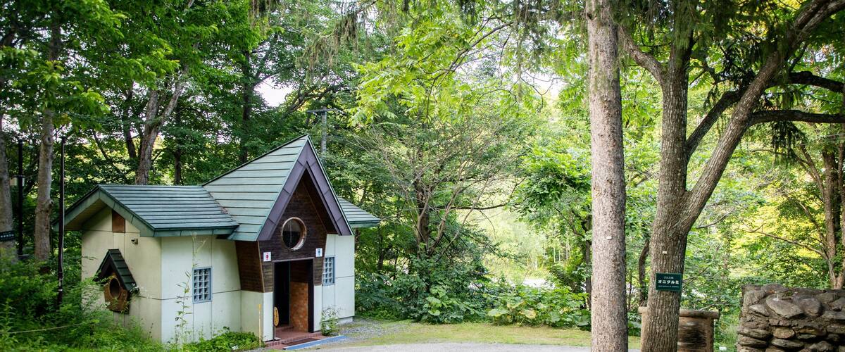 A small, rustic building with a green roof, surrounded by lush greenery and trees.