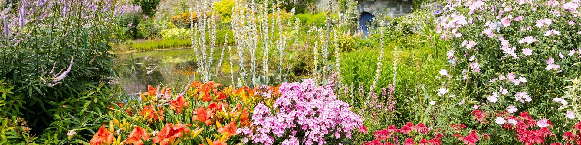 A garden with various flowers, a pond, and a small stone house.