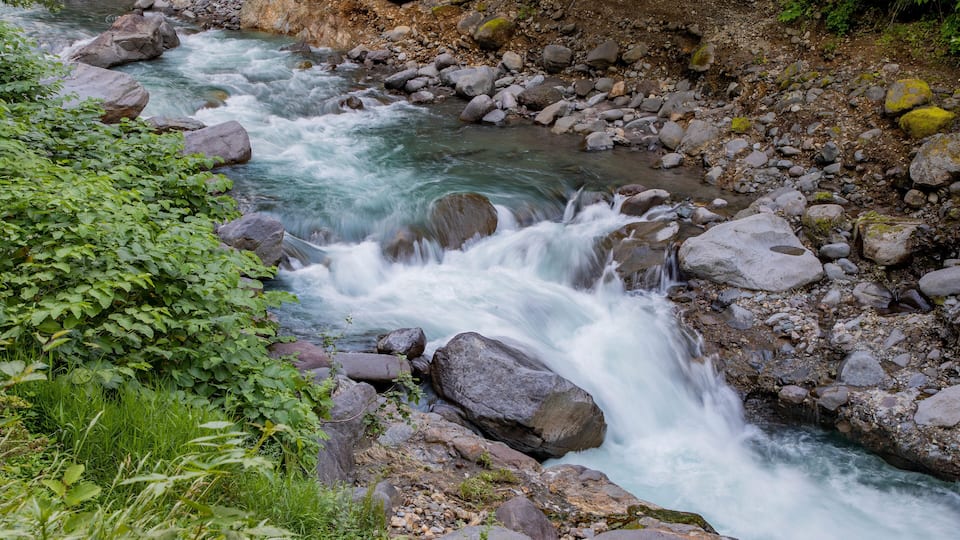 A fast-flowing river with rocks and greenery.