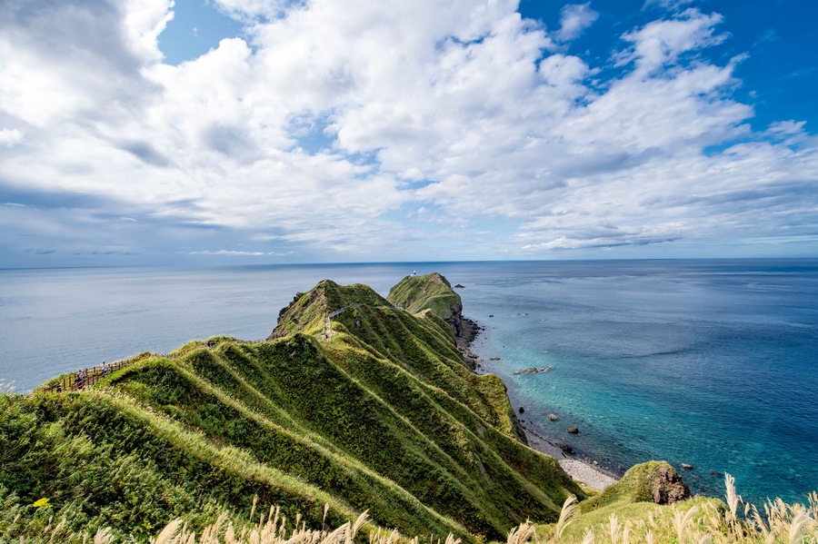 Eine Küstenlandschaft mit grünen Hügeln und einem klaren, blauen Meer.