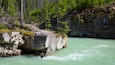 A river flowing through a rocky gorge with green vegetation and trees.
