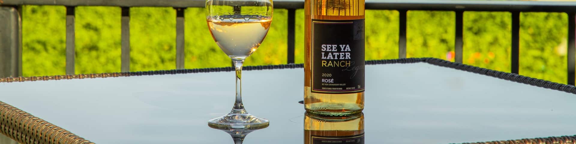A bottle of wine and a glass on a table with a vineyard in the background.