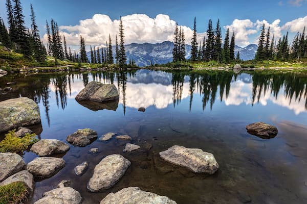Harmony Lake reflection while hiking on Whistler Mountain in British Columbia, Canada