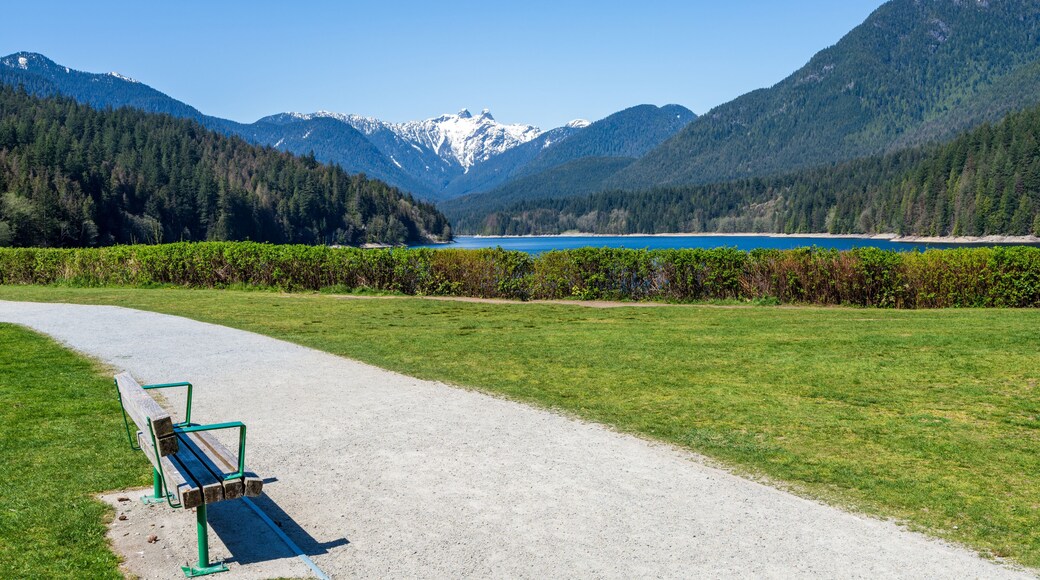 Capilano Lake Cleveland Park in springtime sunny day. Panoramic view. North Vancouver, BC, Canada.