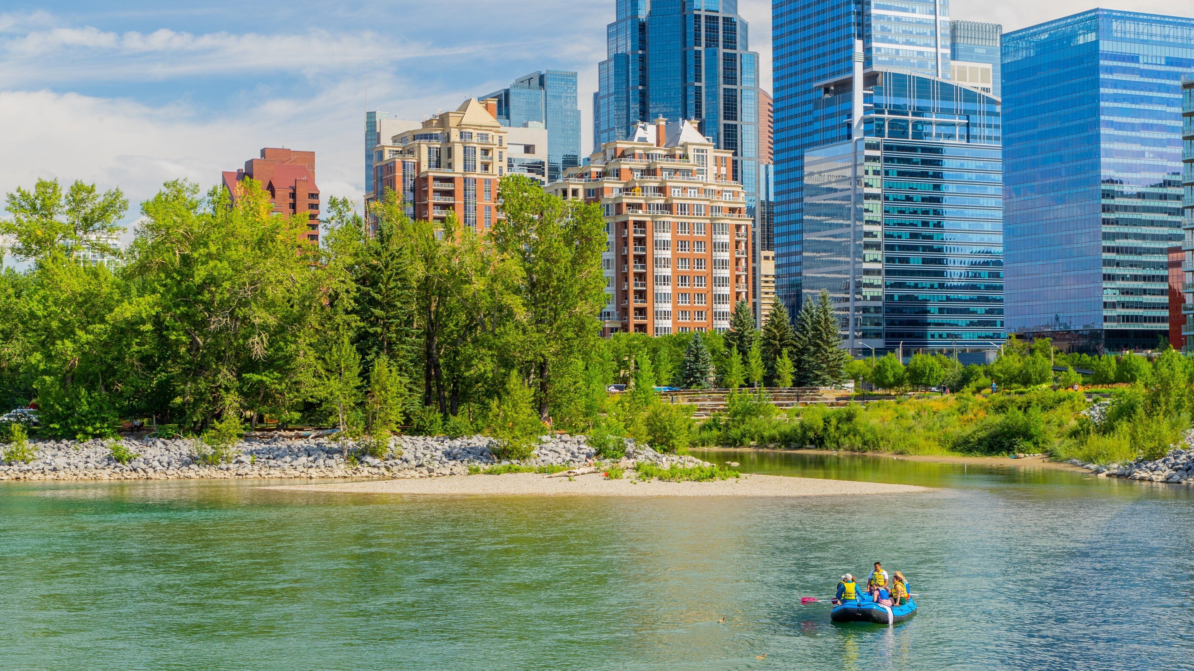 Bow River showing a city, a river or creek and boating