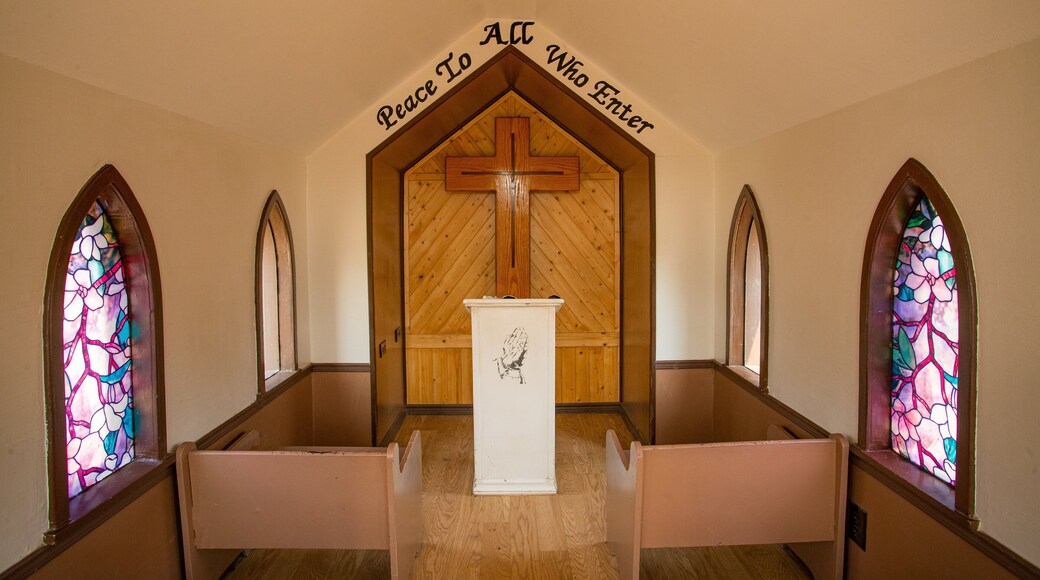 Drumheller\'s Little Church featuring interior views, a church or cathedral and religious aspects