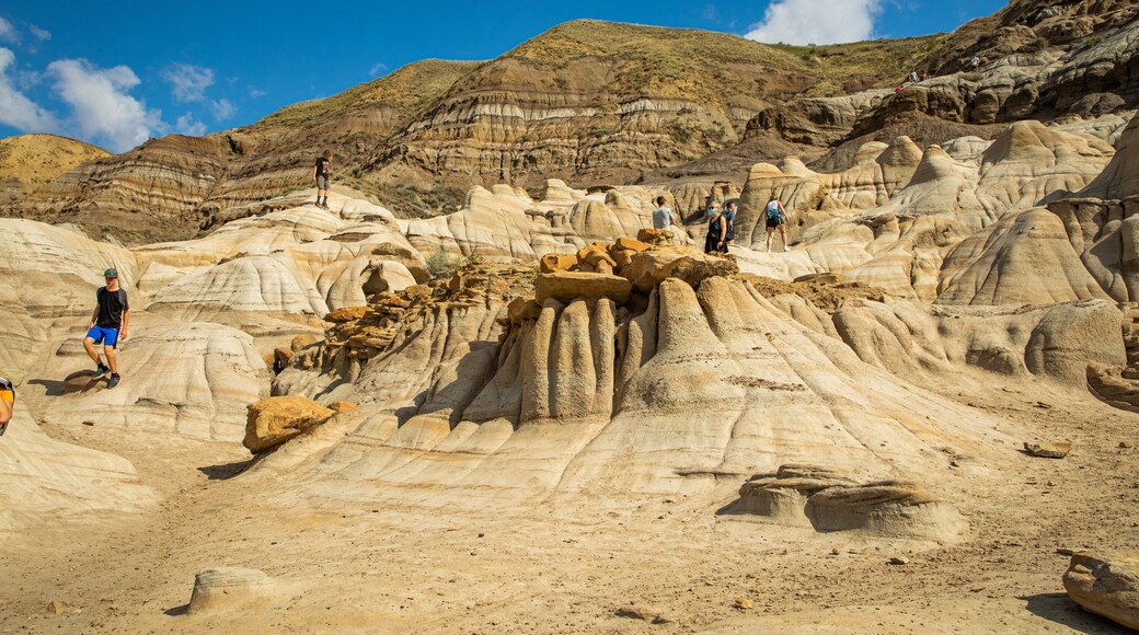 Drumheller Hoodoos which includes a gorge or canyon and mountains