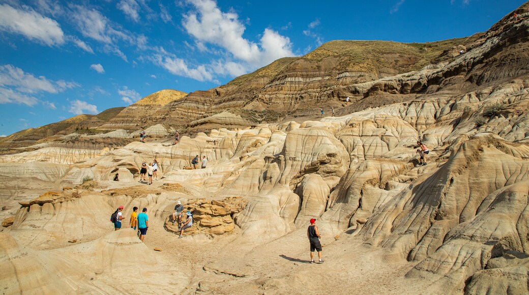 Drumheller Hoodoos which includes a gorge or canyon and mountains as well as a small group of people
