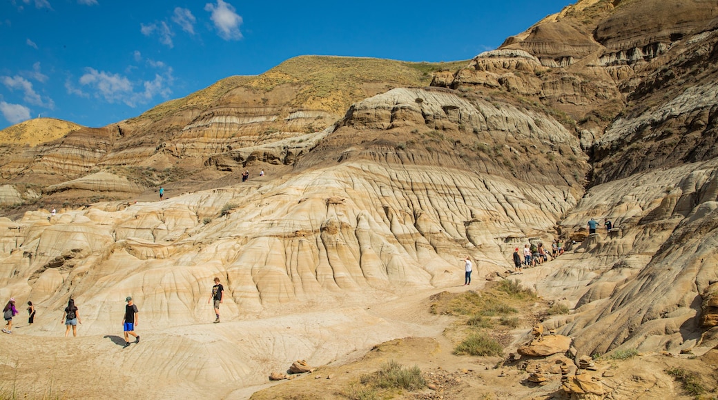Drumheller Hoodoos featuring a gorge or canyon and mountains as well as a small group of people