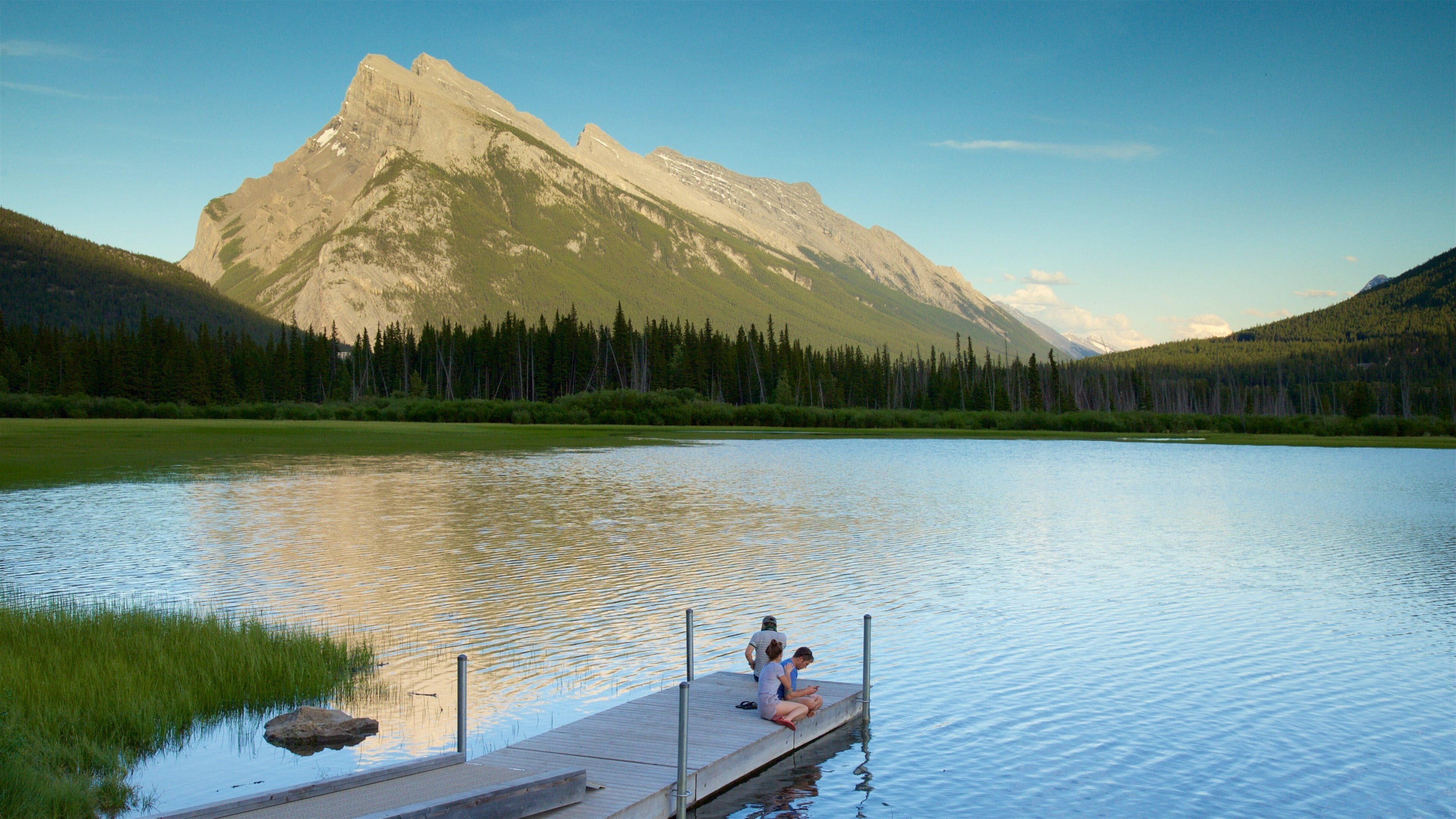 Vermilion Lakes showing wetlands, mountains and a lake or waterhole
