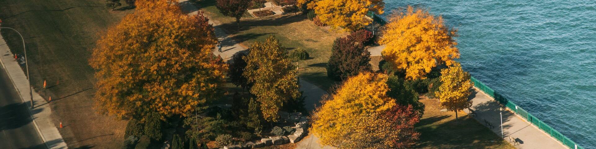 An aerial view of a coastal area with autumn-colored trees, a grassy park, and a body of water.