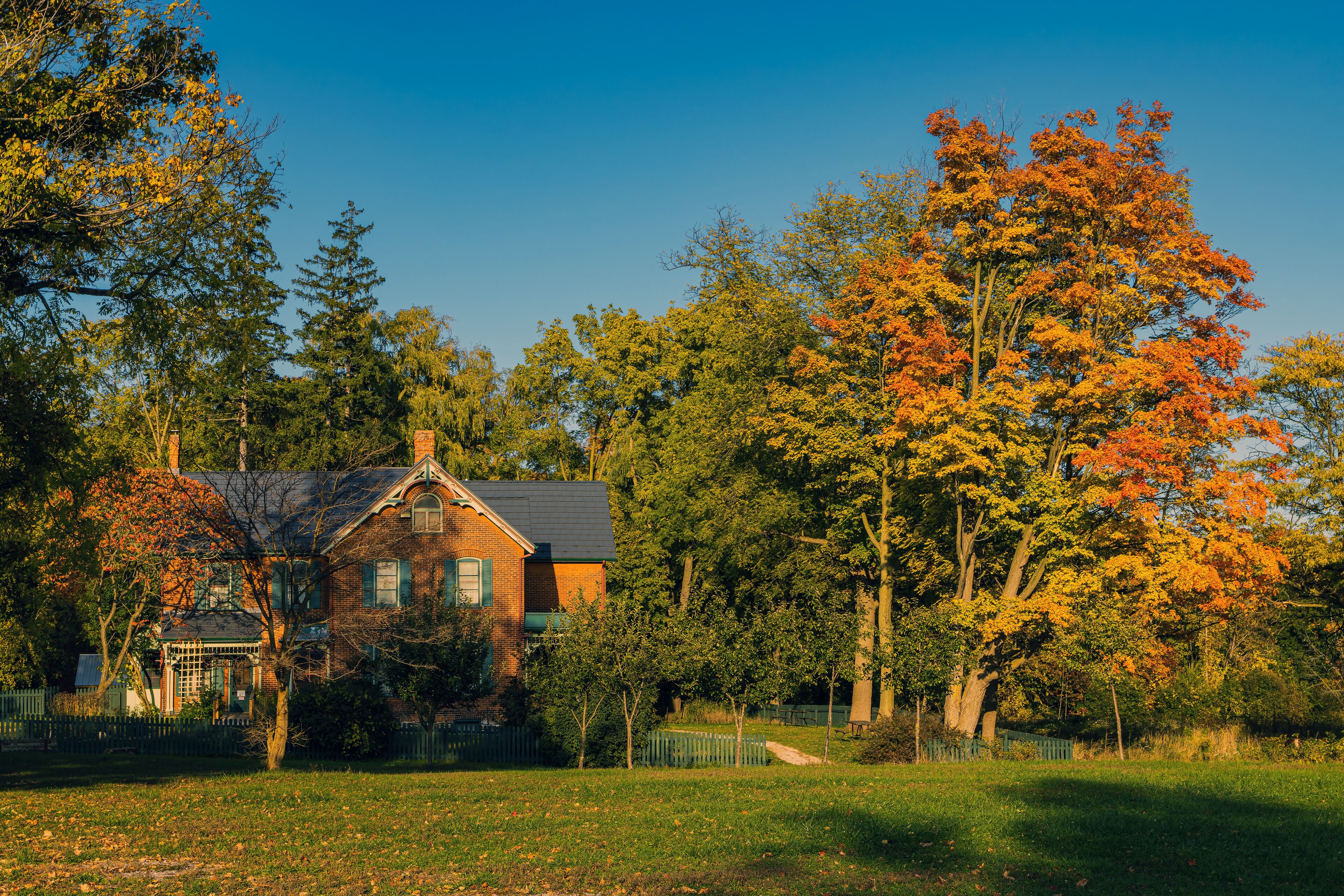 Spruce Lane Farmhouse in Bronte Creek Provincial Park in Oakville, Ontario. Built in 1899, the Spruce Lane Farmhouse is a historic house museum..