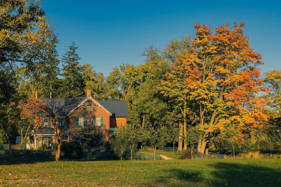 A house surrounded by trees with autumn foliage.