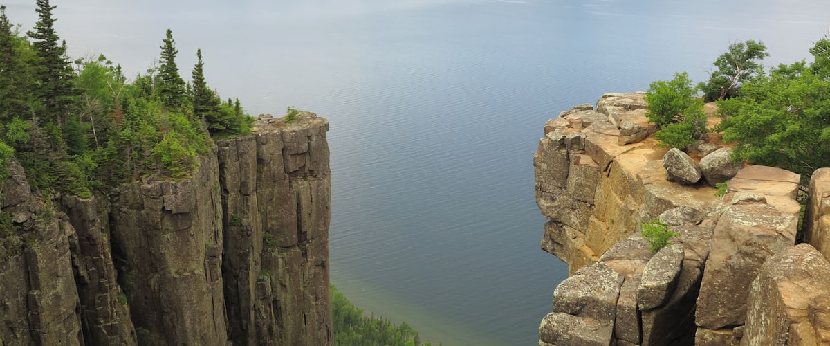 A view from "The head of the Giant", on a perfect day, overlooking Thunder Bay and Pie Island. One of the highest and most dramatic, viewpoints on Lake Superior.