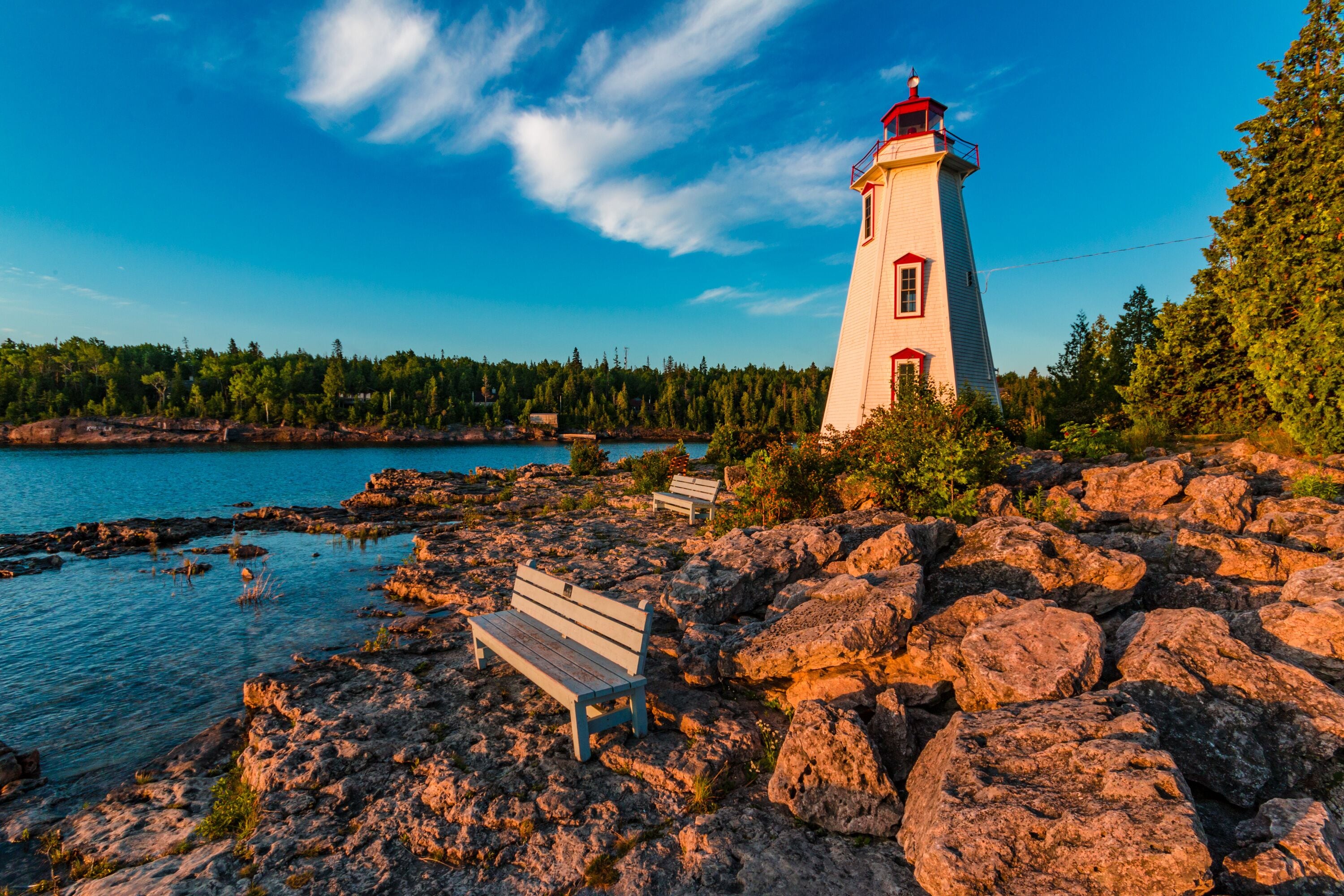 Peaceful Morning Light at Big Tub Lighthouse in Tobermory Ontario Canada  attractionbaybeachbeautifulbenchbigbig tubbrucecalmcanadacanadianchilldestinationgeorgiangeorgian bayharborhistorichuronlakela