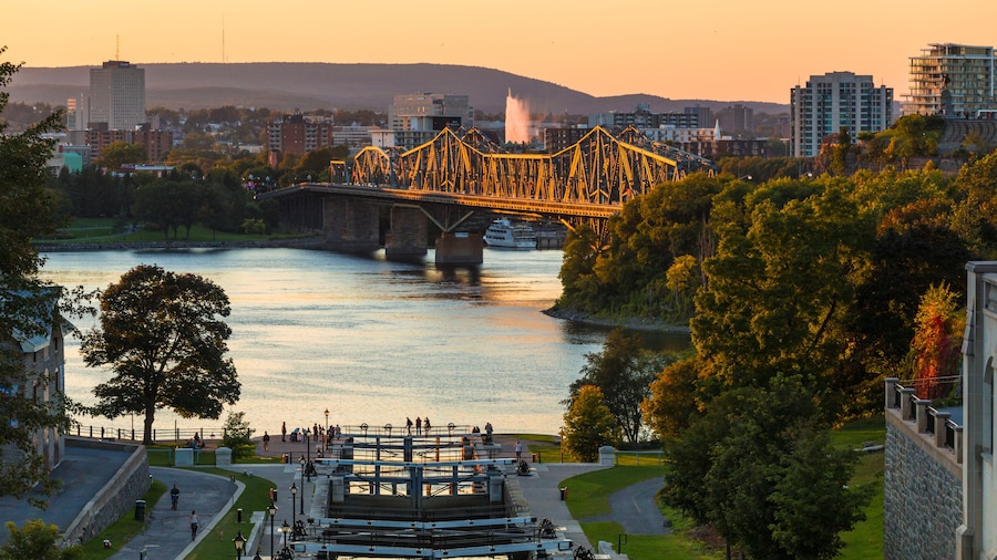Ottawa Rideau Canal Locks and Alexandra Bridge Glowing Orange at Sunset
