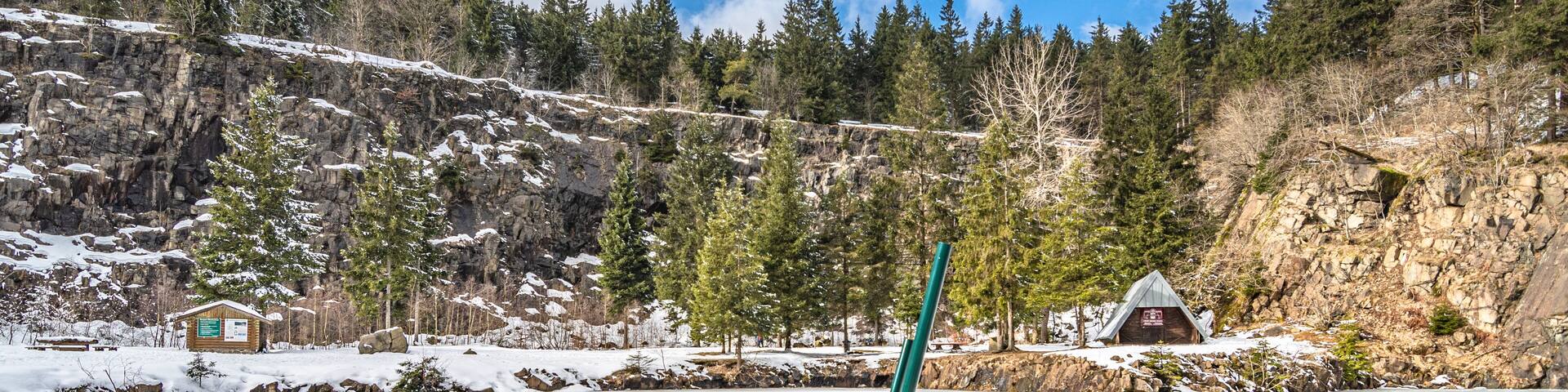 Winterlandschaft mit zugefrorenem See und Leiter