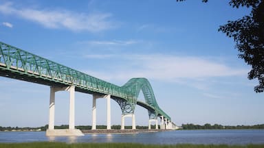 A large green bridge spanning a river with a clear blue sky.