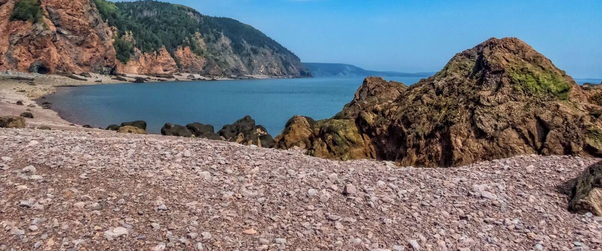 A rocky coastline with a clear blue sky and calm sea.