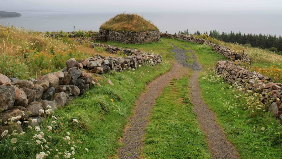 The Gaelic Black House made of stone and sod at the Highland Village in Iona, Nova Scotia. The historical village is built on a hill overlooking the Bra D'Or lakes in Cape Breton.