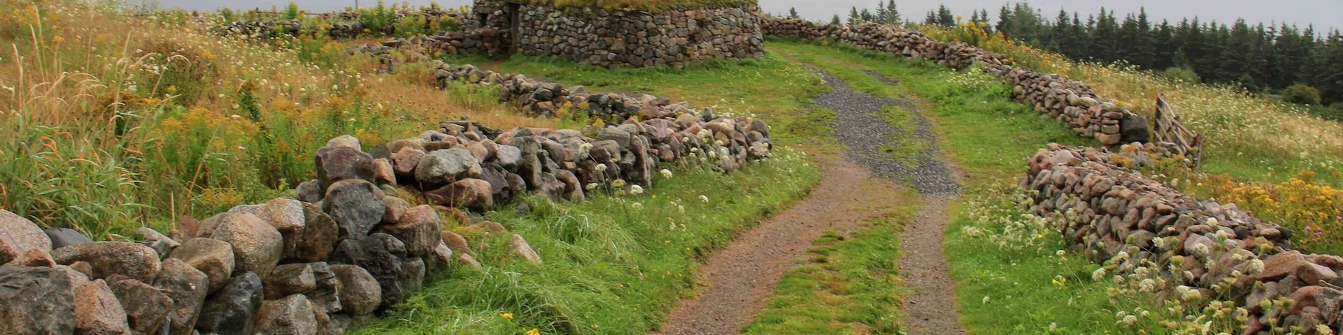 The Gaelic Black House made of stone and sod at the Highland Village in Iona, Nova Scotia. The historical village is built on a hill overlooking the Bra D'Or lakes in Cape Breton.