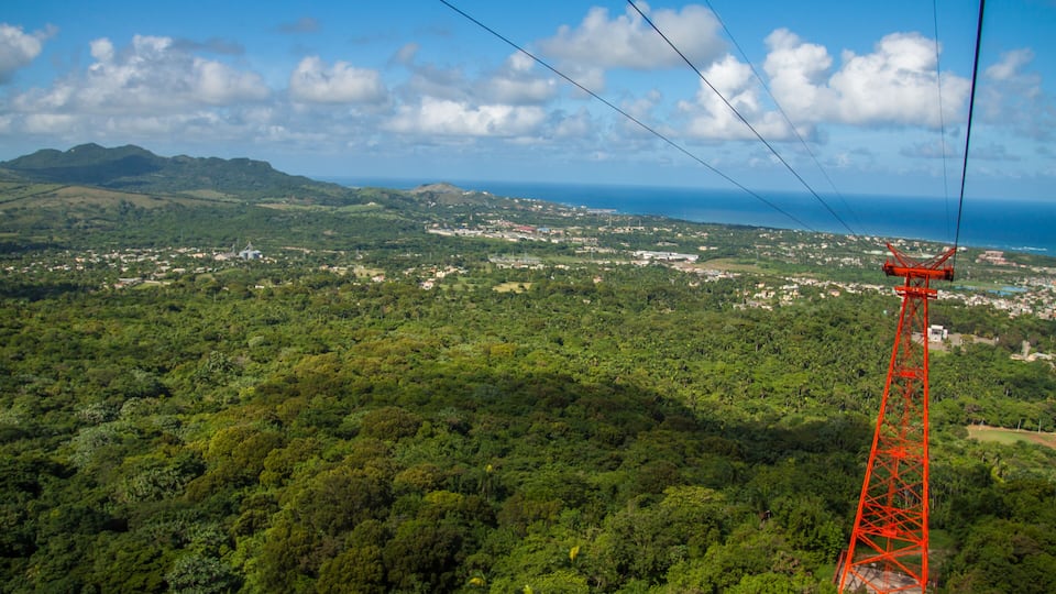A red transmission tower amidst lush greenery, overlooking a coastal town with mountains in the distance.