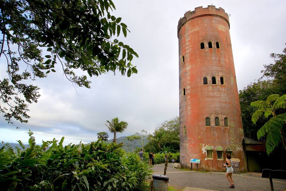 A tall brick tower surrounded by lush greenery and a cloudy sky.