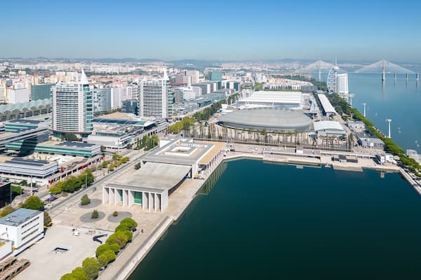 Aerial footage of Park of The Nations in Lisbon (Parque das Nações)