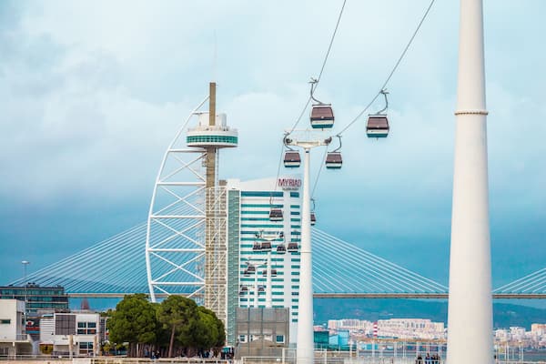 Lisbon, Portugal, Parque das Naçõe, cableway near oceanarium and Vasco De Gama tower