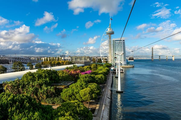 Lisbon skyline on the shore of Tagus river across Olivais Dock, Parque das Nacoes (Park of Nations), Portugal. View from gondola lift.
